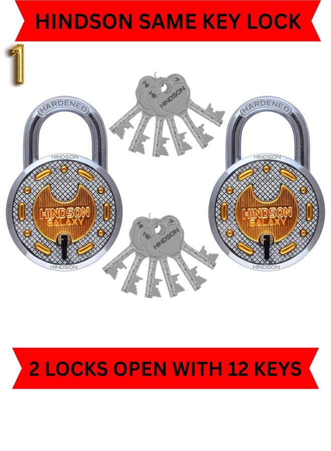 Hindson Same Key Galaxy 65mm Padlock | 2 Heavy Duty Padlocks with 12 Common Keys | Strong Metal Body Locks with Double Locking & 8-Lever Mechanism for Home, Gate, Shutter & Shop Security - Image 2